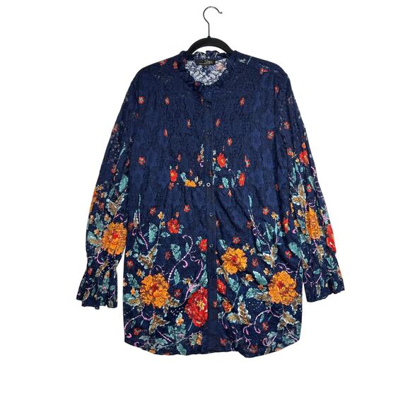 Suzanne Betro Floral Lace Colorful Button Up Tunic Top Blue Bloomcore Tall XL - Picture 1 of 10